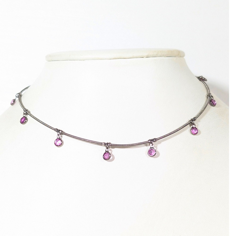 Gray Metallic Coil Chain Pink Bezel Charm Dainty Necklace 15.5 Inch